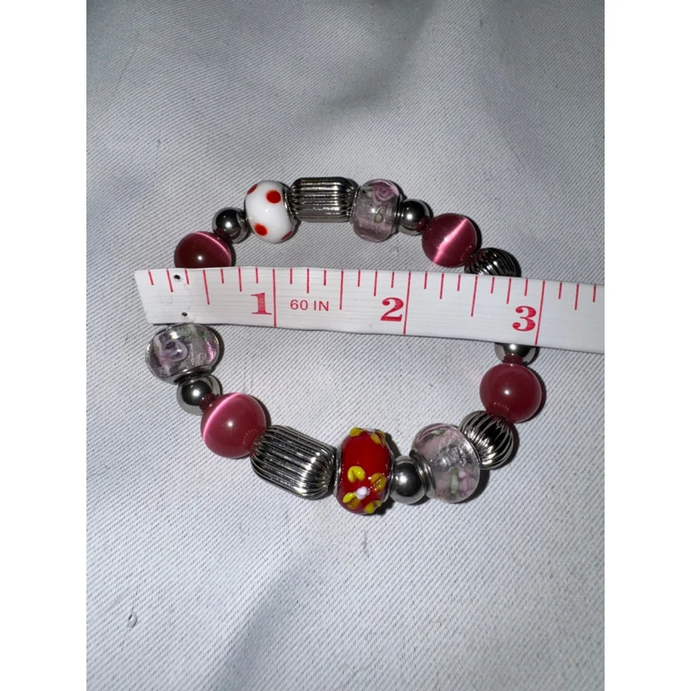 Boho Maximalist Bead Stretch Bracelet Pink Red Lampwork Cat's Eye Whimsy Y2K